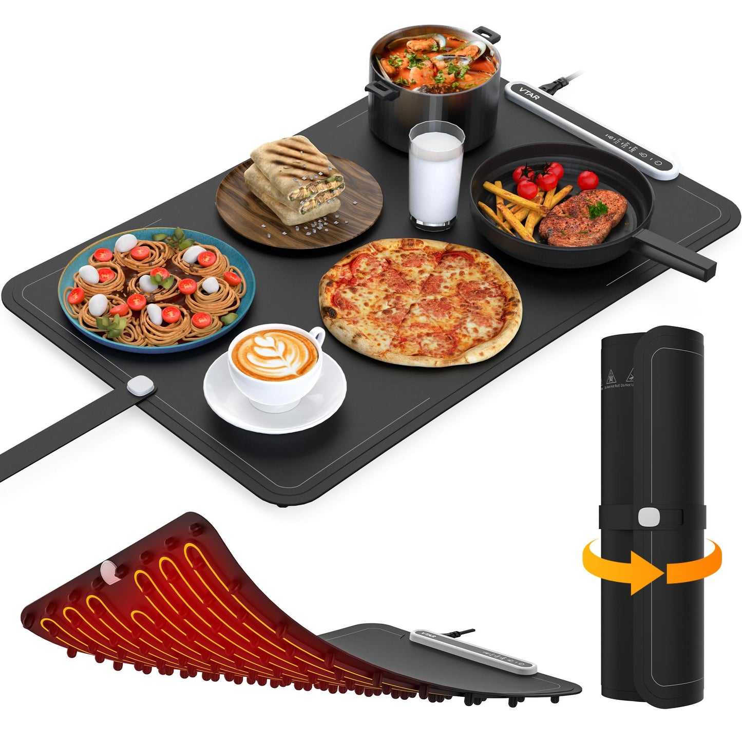 VTAR Rollable Electric Food Warming Mat | 3-Temp Buffet Tray Warmer for Parties | Even Heating, Portable Silicone Design, Auto Shut Off & Child Lock- Black