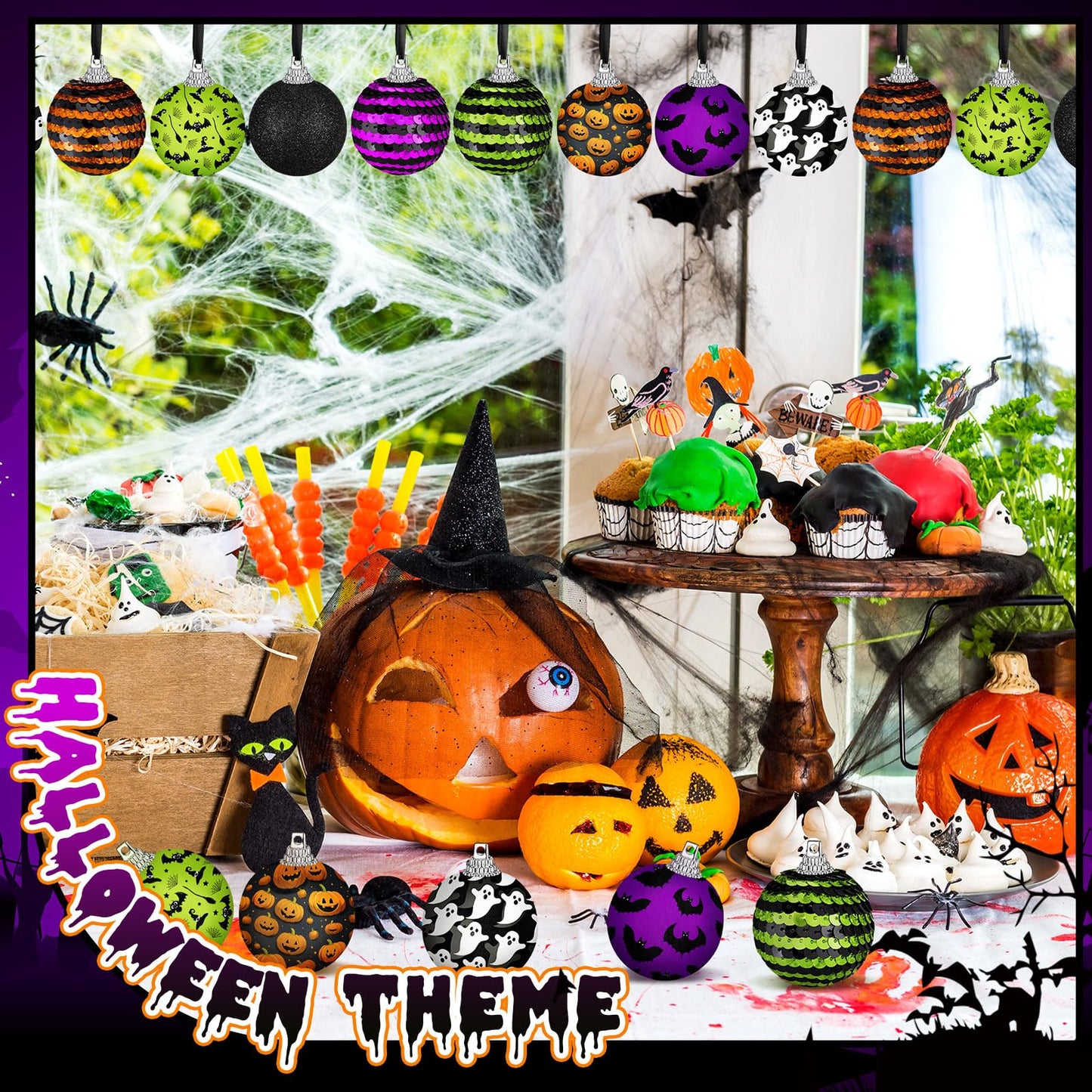 Zeyune 16 Pcs Halloween Ball Ornaments for Tree 2 Inch Halloween Tree Decorations Pumpkin Ghost Bat Spider Glitter Ornaments with Sequins for Holiday Party Hanging Decorations (Spooky Style)