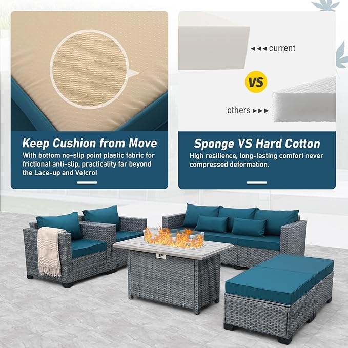 Lviden 6 Pieces Wicker Patio Furniture Sets Outdoor Conversation Set HDPE Rattan Sectional Sofa Couch with 45" Fire Pit Table and Peacock Blue Cushions
