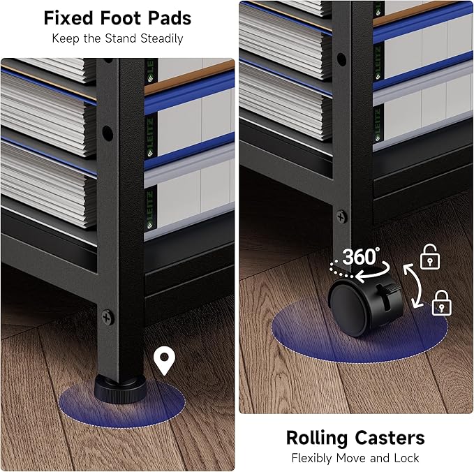 Printer Stand, 23.6''×23.6''×29'' Large Printer Table for Home Office with Locking Casters, Sturdy 3-Tier Rolling Cart with Adjustable Shelf, Mini Fridge Stand, Home Office Essentials, Black