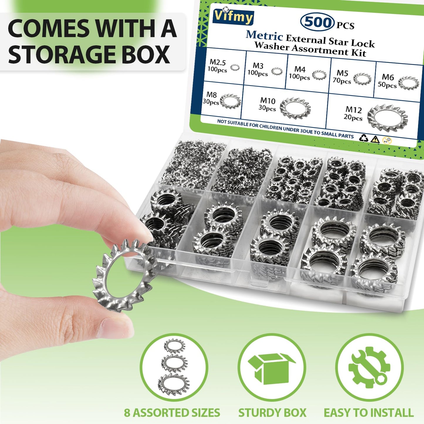 Vifmy External Tooth Lock Washers Assortment Kit(500 Pack),M2.5 M3 M4 M5 M6 M8 M10 M12 Metric 304 Stainless Steel External Star Washer Sets
