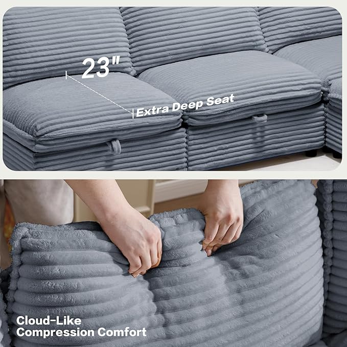 FIRLZY Oversized Modular 8 Seater Sofa with Removable Covers and Storage, Convertible U, L-Shaped and Sleeper Sectional, Modern Corduroy Couches with Ottoman Chaise for Living Room, Gray