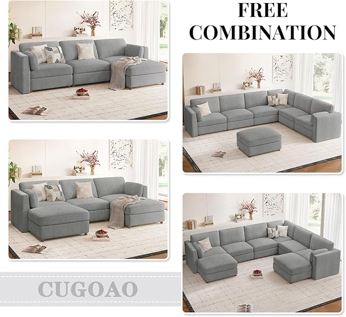 CUGOAO 118'' Modular Sectional Sofa Bed, Oversized Sectional Couch, Deep Seat Chenille Cloud Couch, Removable Cover, Mordern Upholstered Couches for Living Room, Apartment, Office, Grey