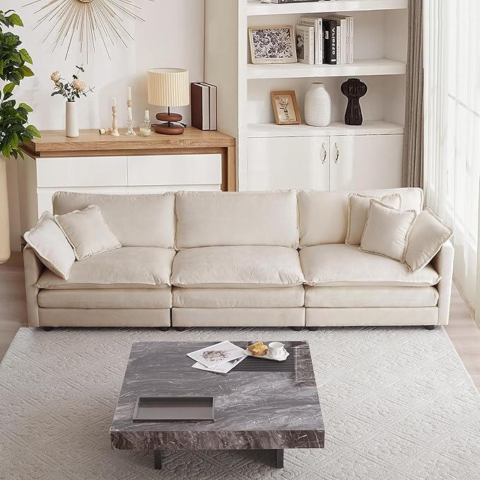 mikibama Luxury Modular Sectional Sofa, 111.5" Modern Chenille Comfy Cloud Couches for Living Room Office, 3 Seater Deep Sofa with 2 Armrest Pillows and 3 Toss Pillows, Light Coffee