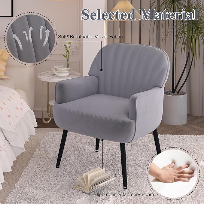 Holiway Velvet Accent Chair, Upholstered Modern Leisure Single Sofa Side Chair, Comfy Tufted Back Armchair with Metal Legs for Living Room/Bedroom/Office/Reading Room, Grey