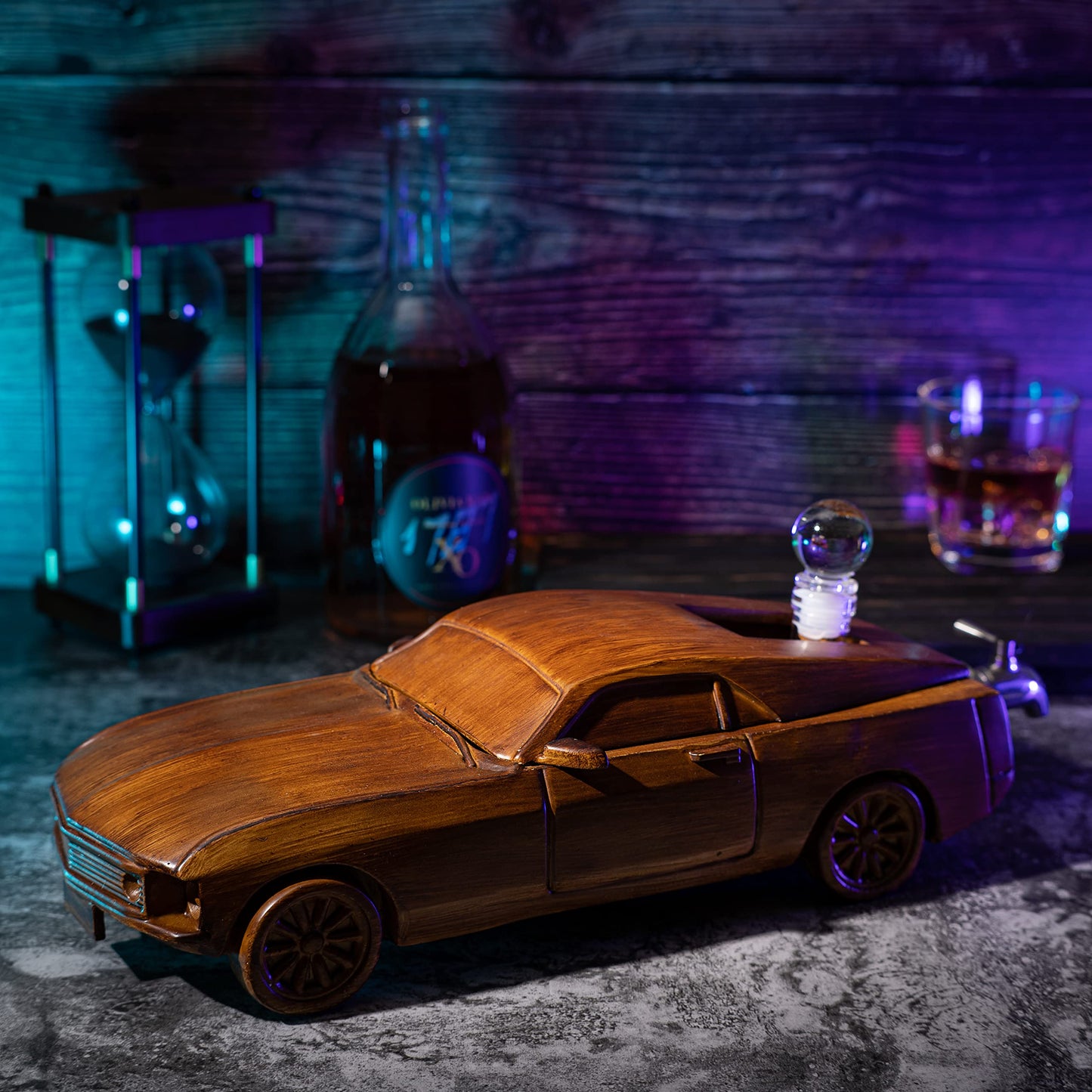 Car Whiskey & Wine Decanter Set 500ml - Very Large 13" L - Gifts, Wooden Car Mustang, Fastback Maisto Car Limited Edition, Great Bar Gift!
