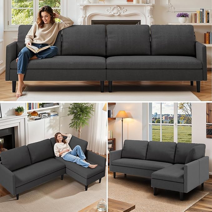 Gizoon 104''in 4 seat Sectional Sofa, Freely Configurable Sectional Couch, Convertible Modular Sofa, with Deeper Seat, Comfortable Fabric, Removable Armrest, for Living Room, Dark Grey