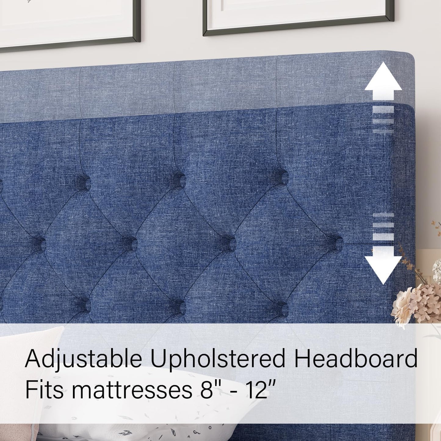 HOMBCK Twin Size Bed Frame with Adjustable Headboard, Blue Linen Fabric Upholstered Bed Frame for Kids, Strong Wood Slat Support, Button Tufted Design, No Box Spring Needed, Blue