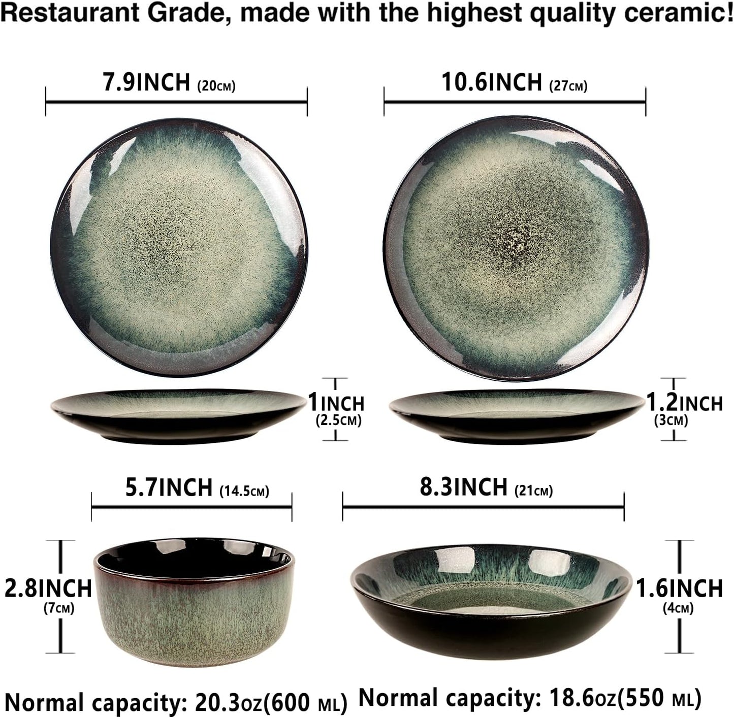 Dinnerware Sets(16Pcs) Serves for 4, Reactive Glaze Tableware Set with 7.9"/8.3"/10.6"Plates and 5.5"bowl, Modern kitchen tableware, Scratch resistant, Microwave Dishwasher safe Set No.1
