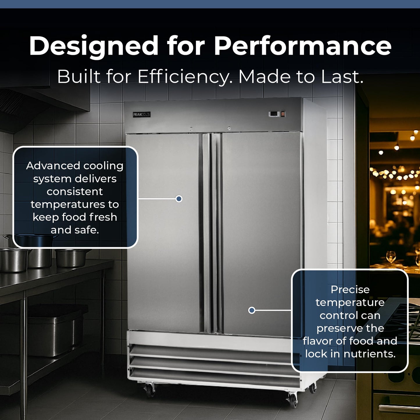 PEAKCOLD Double Door Commercial Refrigerator - 47 Cubic Ft, 54" Wide Stainless Steel Reach-In Commercial Refrigerator with White Internal Lighting - Freestanding Industrial Fridge