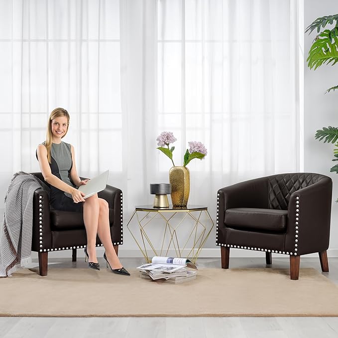 PrimeZone Barrel Chair, Comfy Accent Chair, Faux Leather Living Room Chairs Club Chairs with Cushion, Nailhead Trim and Diamond Mesh Backrest, Reading Chairs for Bedroom Waiting Room, 4PCS, Brown