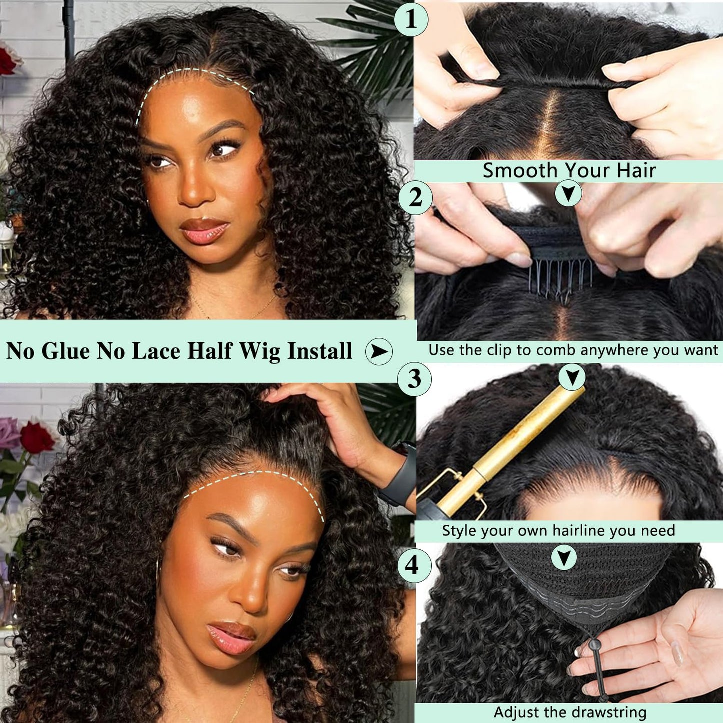 Burmese Curly Half Wigs Human Hair 200% Density Curly 3 In 1 Half Wigs With Drawstring for Women Water Wave Glueless Wig Human H