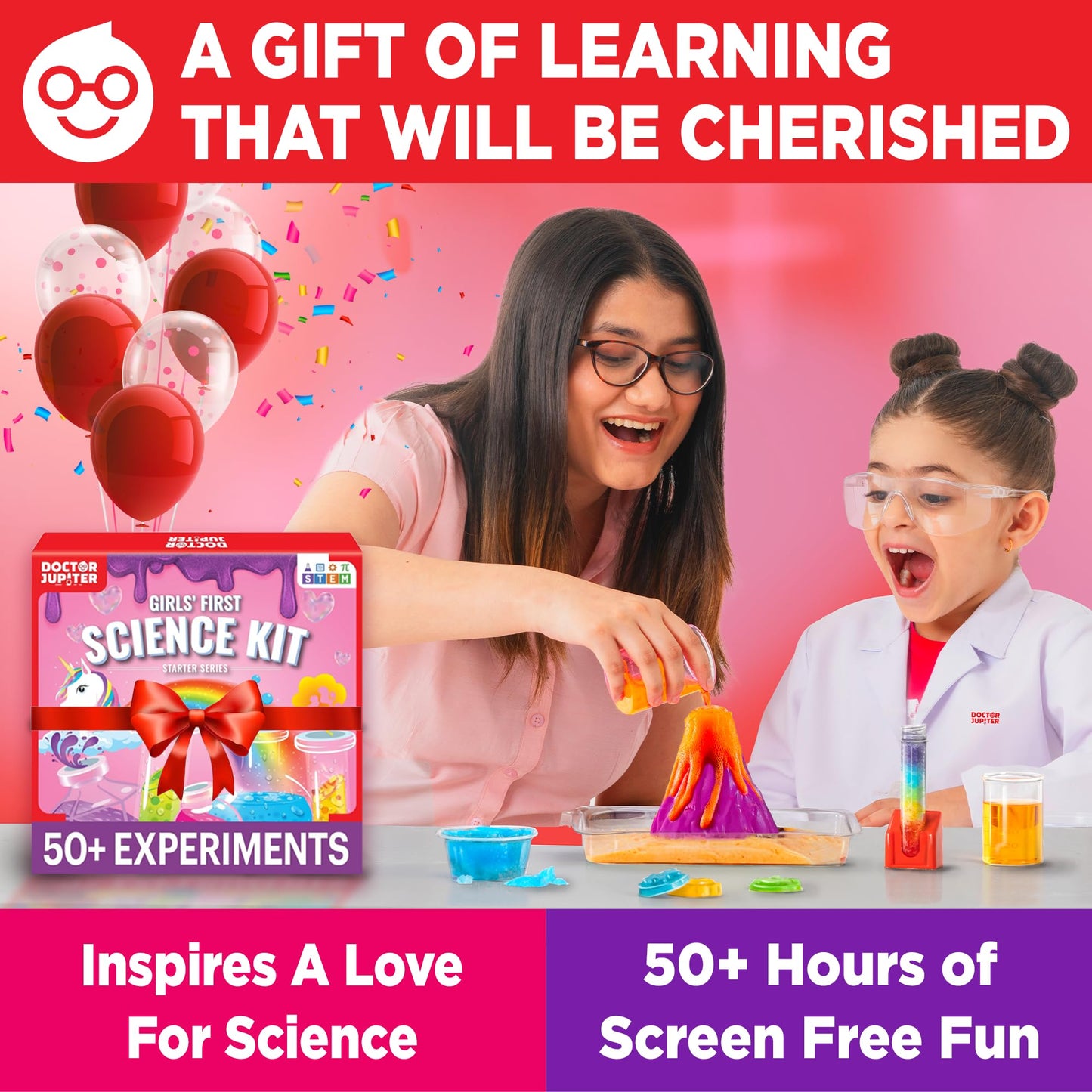 Doctor Jupiter Girls’ First Science Kit, Chemistry Set for Kids Ages 4-5-6-7-8 | Birthday Gift Ideas for 4+ Year Old Girls | STEM Toy Kit with 50+ Experiments | Learning & Educational Projects