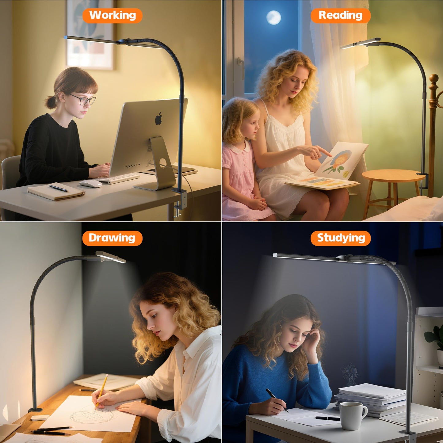 ULTEM Desk Lamp Home Office, Led Desk Lamp with Clamp, 15W Dual Screen Computer Monitor Lamp with Stepless Color Temp and Dimming,Small Adjustable Gooseneck Desk Light for Architect Work Craft (black)