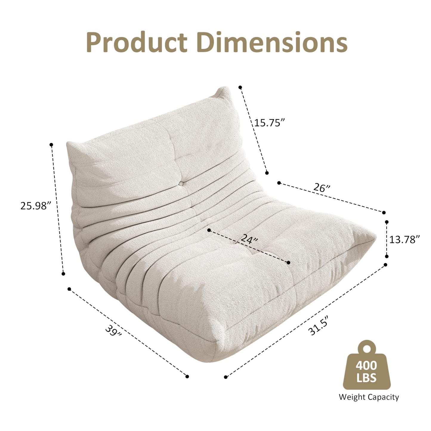 Bean Bag Chair, Oversized Bean Bag Chair for living Room, Fireside Chair for adults with Memory Foam Filled, Big Accent Sofa Lounge Floor Sofa for Gaming, Reading, Relax, No Assembly Required. (Beige)
