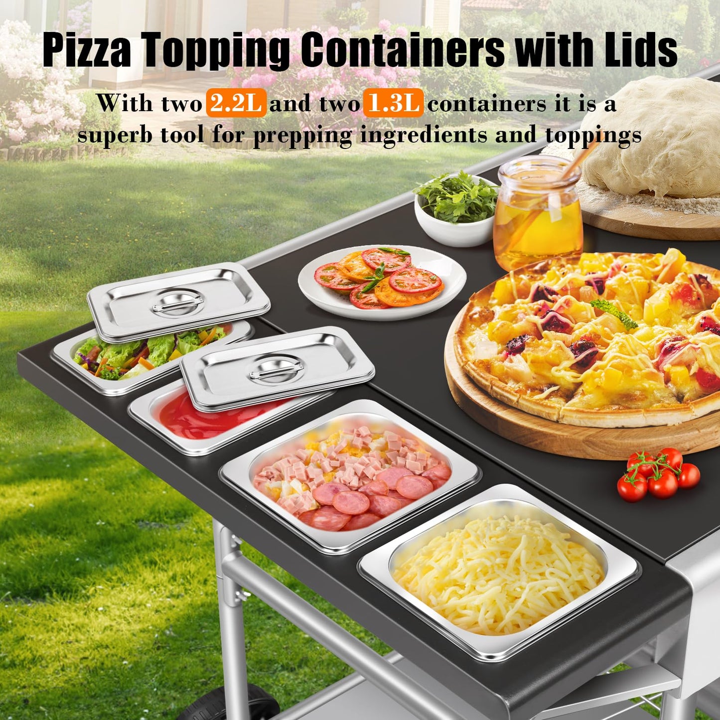GRILL FORCE Pizza Oven Table with Topping Station, Outdoor Pizza Oven Cart, Grill Table for Outside, Grill Cart, Food Prep Work cart Fits for Ninja Woodfire Grill, Blackstone Griddle,Tabletop Grill
