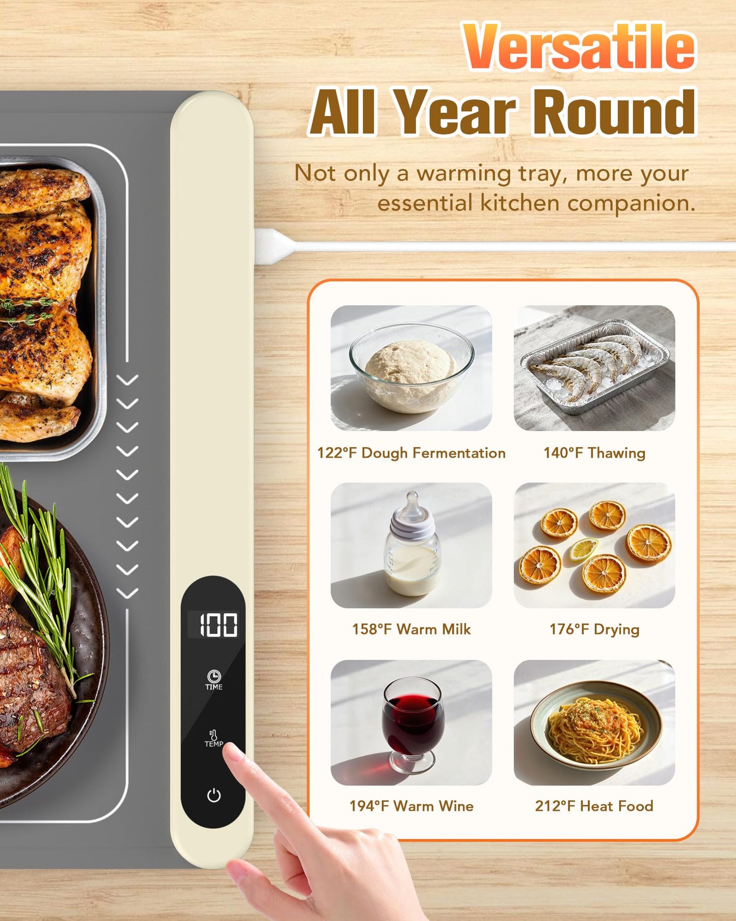 Potahouse® Warming Mat for Food, Graphene Full-Surface Fast Heating, Electric Warming Tray with 6 Temp & Timer Settings, Rollable & Portable Silicone Food Warmer for Parties, Home and Travel, Gray