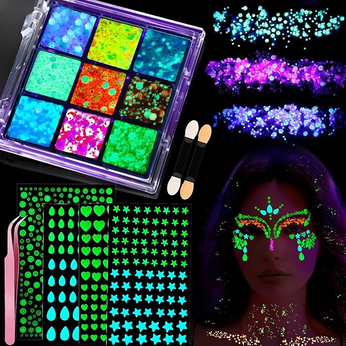 YGDZ Glow in The Dark Body Glitter, Face Glitter Gel, Mermaid Face Gems Kit, Hair Glitter Jewels for Makeup, Festival Outf...