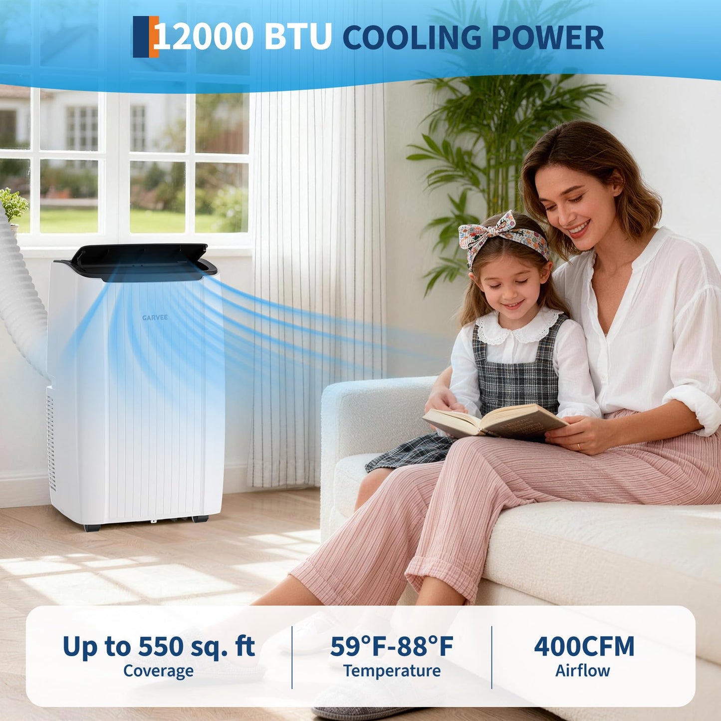 Garvee 12000 BTU Portable Air Conditioner, Portable AC Unit with Dehumidifier, Fan and Remote Control, Energy Efficient Indoor AC Conditioner for Rooms Up to 550 Sq. ft., White
