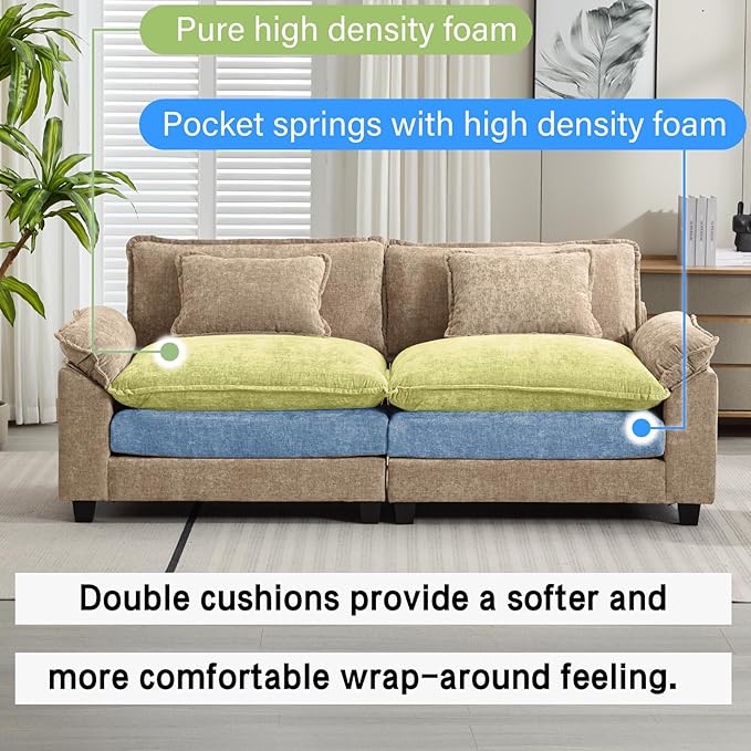 Oprisen 86" Modular Sectional Sofa, Comfy Cloud Couch Sectional Sofa, Chenille Sofa Sleeper Deep Seat Sofa with Throw Pillows for Living Room (Khaki, 86"- Loveseat)