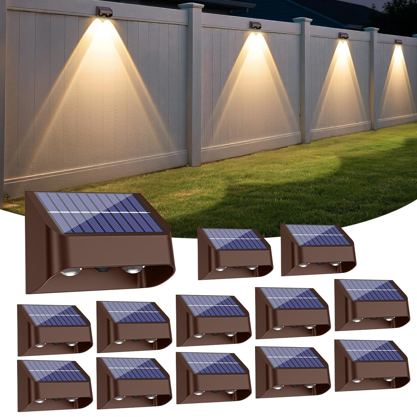 Brighter Solar Fence Lights-3000/4000/6000K 3 Mode,Solar Lights Outdoor Waterproof,Dusk to Dawn Deck Light, Outdoor Lighting for Backyard/Railing/Wall/Step/Patio(12 Pack,Brown)