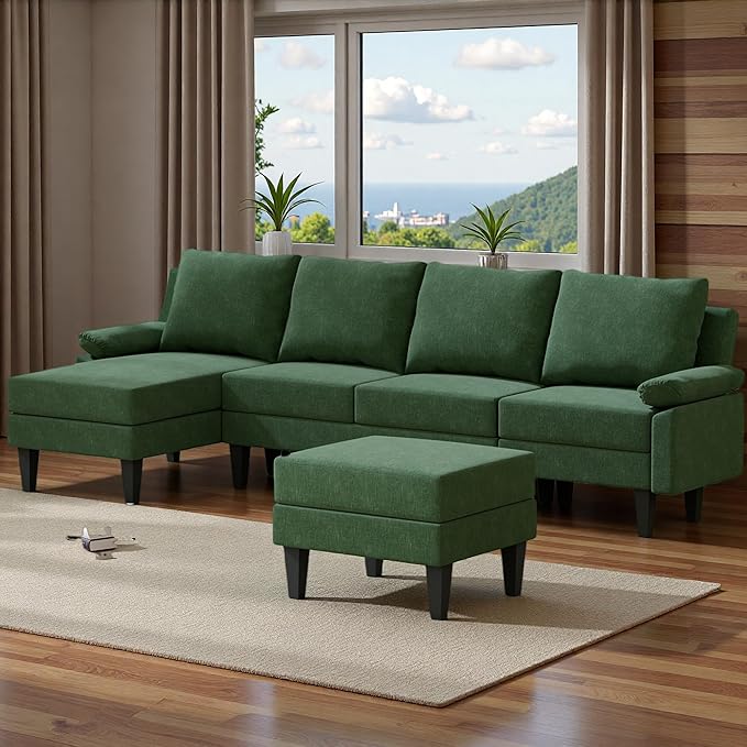 Topcomfy U-Shaped Sectional Couches for Living Room, Convertible 4 Seat Modular Sectional Sofa Set with Ottoman, Modern L Shaped Couch with Chaise for Bedroom Apartment and Office, Chenille Green