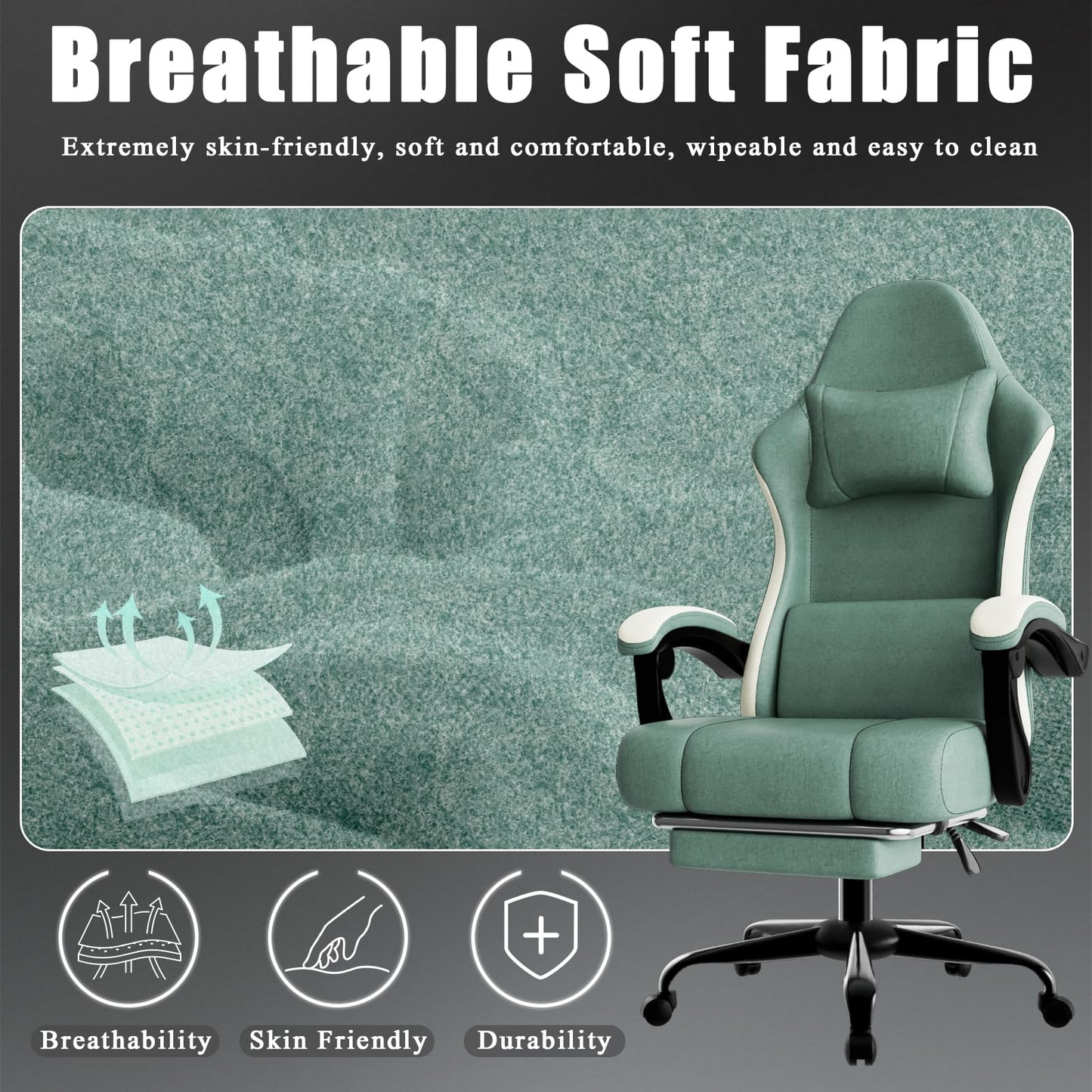 Ergonomic Gaming Chair with Pocketed Spring Cushion, Breathable Fabric Computer Chair with Footrest, Adjustable Lumbar Support Video Game Chair for Adults (Fabric, Blue)