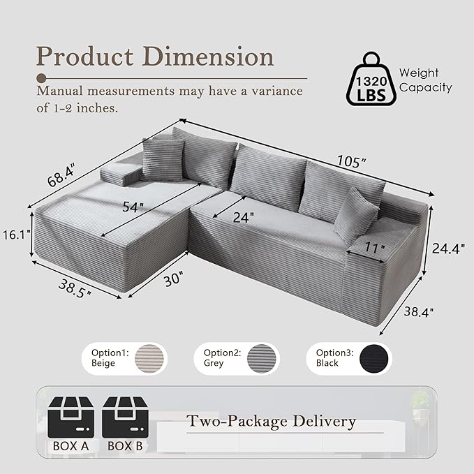 105’’ L-Shape Modular Sectional Sofa with Chaise, Convertible Cloud Couch, Corduroy Fabric & High-Density Memory Foam, No Assembly Required for Living Room (Grey, Left Facing Chaise)