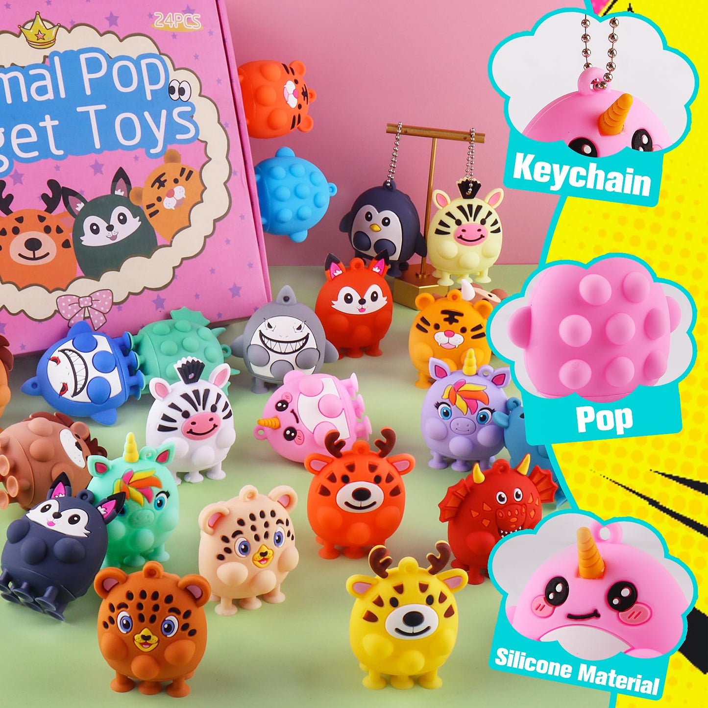 ChildFun 24 PCS Party Favors for Kids, Silicone Animal Pop Fidget Toys with Suction, Birthday Gifts for Boy Girls, Treasure Box Toys, Goodie Bag Stuffers, Prizes for Kids, Pinata Stuffers