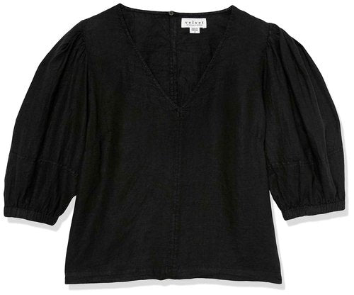 VELVET BY GRAHAM & SPENCER Women's Chelsea Woven Linen Shirt, Black, Large