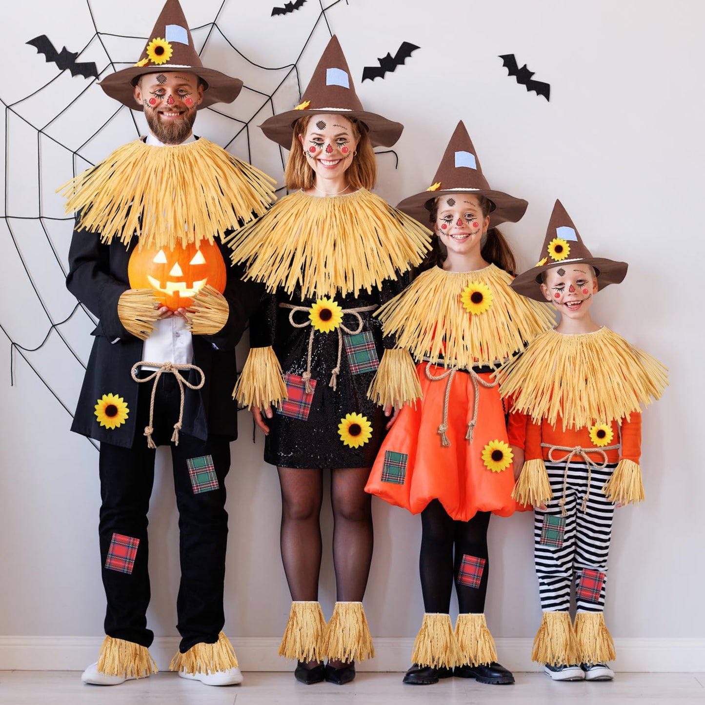 MOVINPE 12 Pieces Scarecrow Costume Kit for Adult Kids, Raffia Scarecrow Accessories Felt Hat Rope Face Decals Sunflower Patchwork for Halloween Harvest Cosplay Party Brown