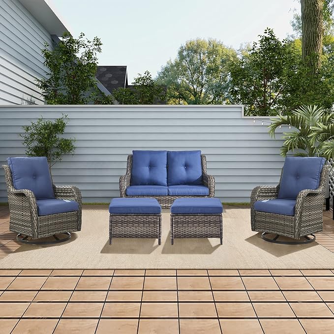 Rilyson Wicker Patio Furniture Set - 5 Piece Rattan Outdoor Sectional Conversation Sets with 2 Rocking Swivel Chairs,2 Ottomans and 1 Loveseat for Porch Deck Garden(Mixed Grey/Blue)