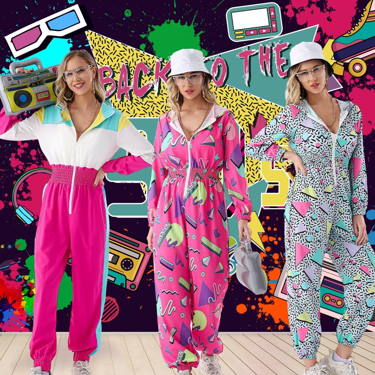 VillbeCoser Women Hoodies Jumpsuit Set, 80s 90s Neon Costume Tracksuit Outfit One Piece Windbreaker Jacket Rapper Suit(Green-A-S)