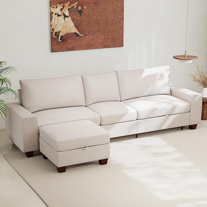Couchus 112“ Convertible Storage Sectional Sofa,L Shaped Couch with Storage Ottoman,Multi-Functional Reversible Sofa with Huge Storage Space, Breathable Fabric (Beige)