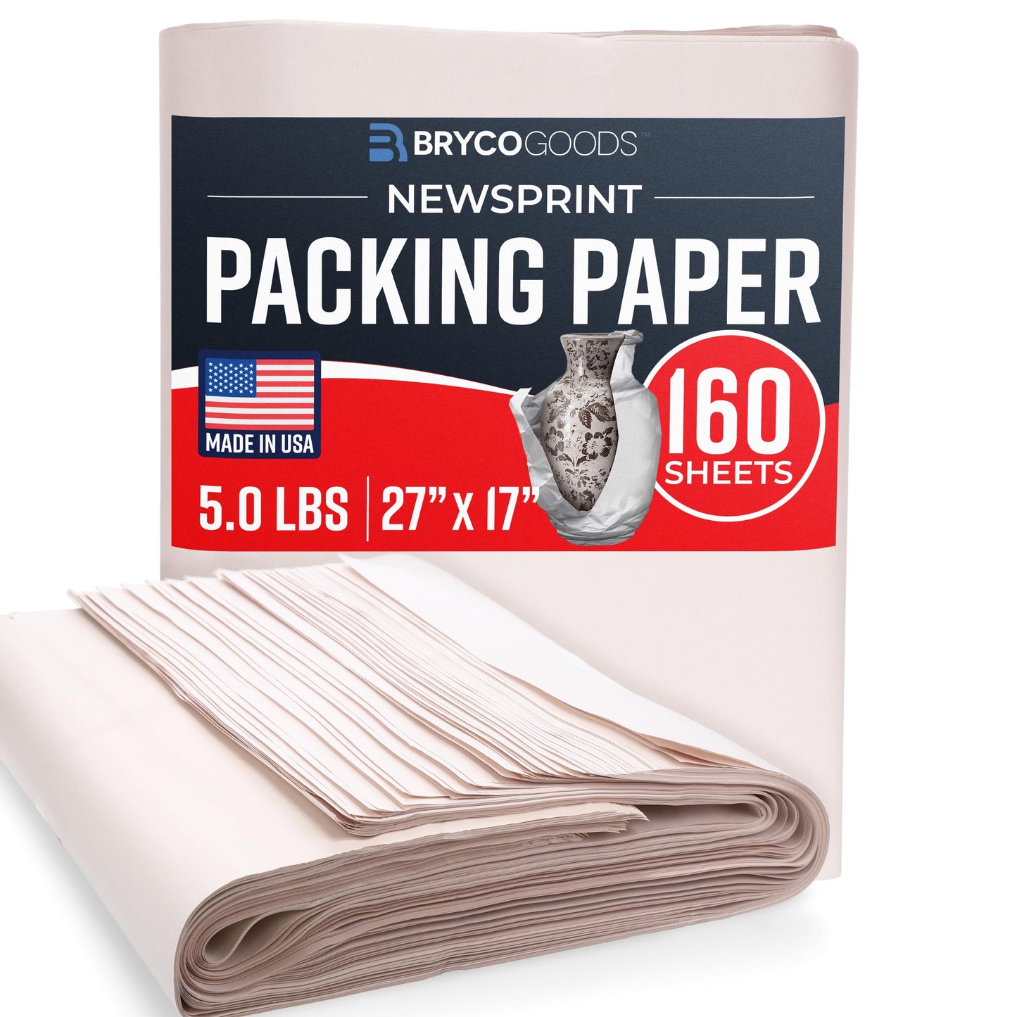Bryco Goods Newsprint Packing Paper Sheets for Moving - 5lb - 160 Sheets of Newspaper Paper - Must Have in Your Moving Supplies - 27" x 17" - Made in USA