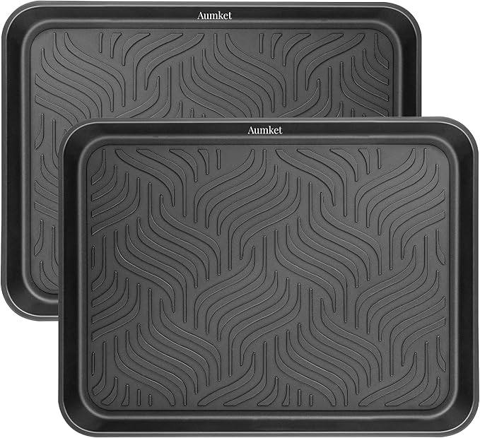 Boot Tray for Entryway Indoor, Heavy Duty Shoe Mat 2 Packs, 16.8"x12.8" Waterproof Shoe Tray with Raised Edge, Outdoor Multi-Purpose Tray for Boots, Garden, Pets (Black)