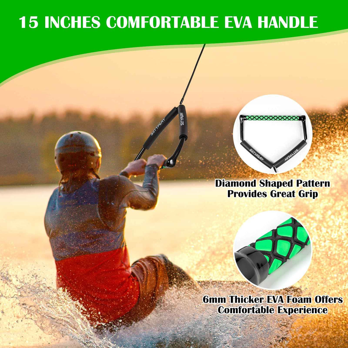 SETYPARY 75FT No Stretch Dyneema Wakeboard Rope and Handle, 4 Sections Floating Wakeboard Tow Rope Water Ski Ropes for Wakeboarding, Waterskiing, Kneeboarding and Wakesurfing (Green)