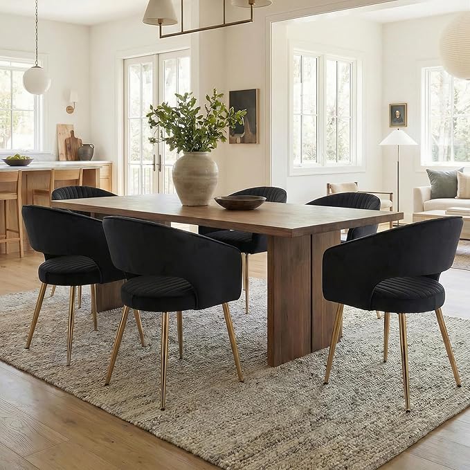 COMULER Black and Gold Velvet Dining Chairs, Modern Dining Room Chairs with Arms Set of 4 Upholstered Accent Chair Armchair with Barrel Back for Kitchen Living Room