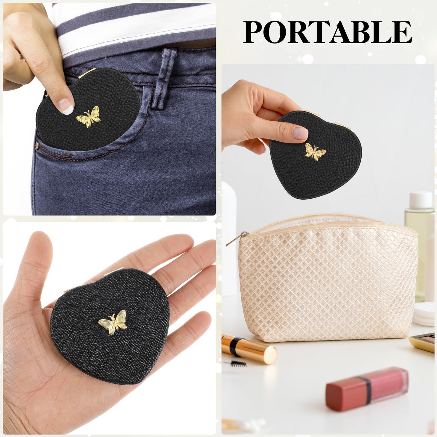 Qianyu Heart Shaped Double-Sided 1X/2X Magnifying Mirror, Compact Folding PU Leather Makeup Mirror, Ultra-Portable for Women Hom