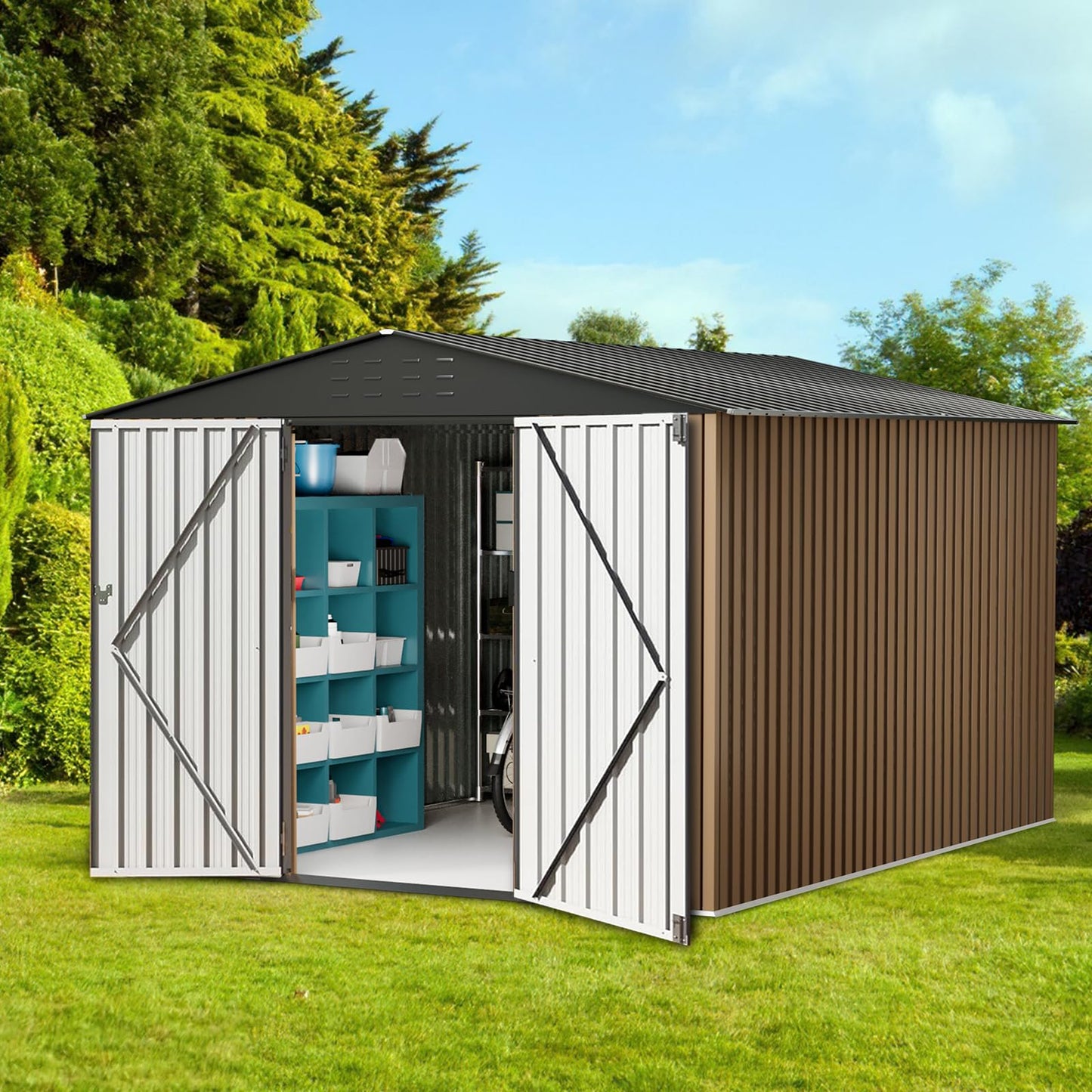 Garvee 10x10ft Metal Shed, Outdoor Garden Tool Storage Shed with Lockable Doors, Large Metal Shed with Sturdy Frame Structure, for Backyard, Patio, Lawn, Brown