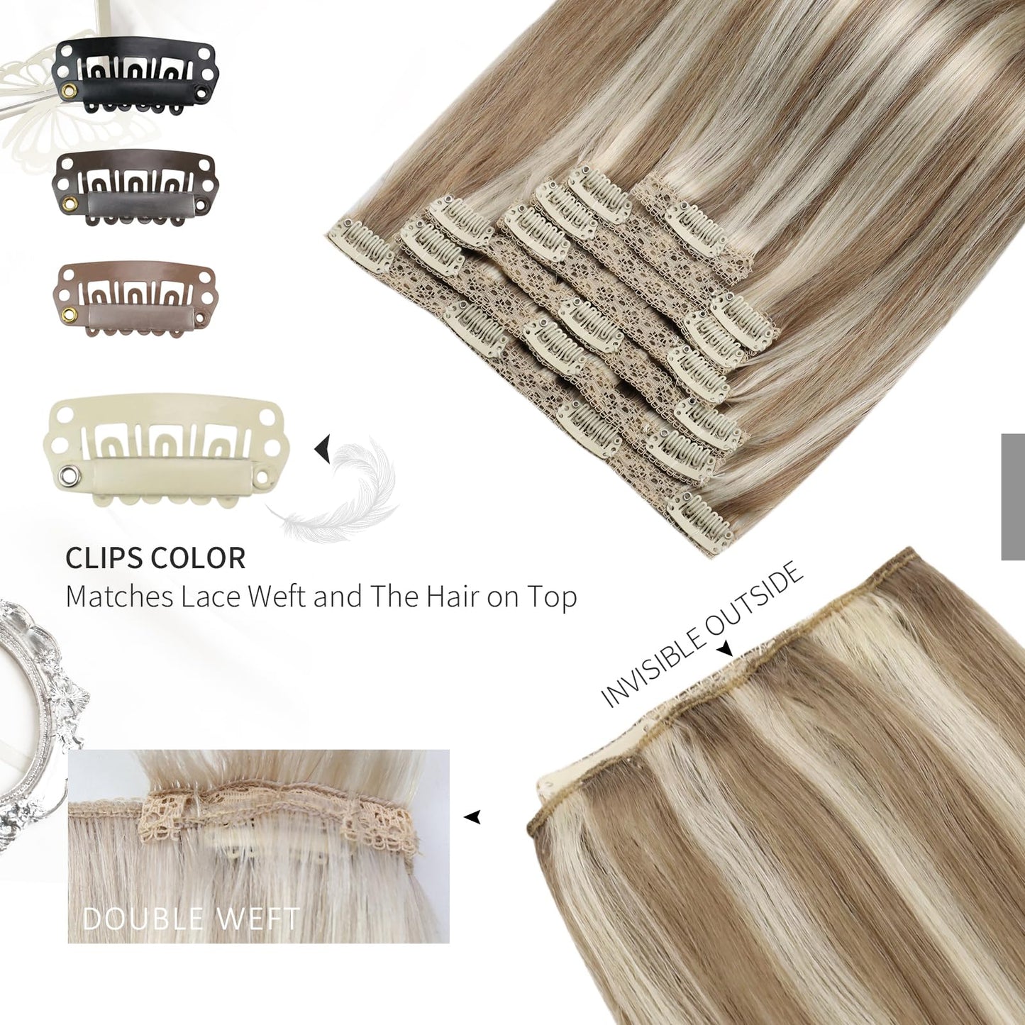 Moresoo Blonde Clip in Hair Extensions for Women Brown Highlight Real Hair Extensions Clip in Human Hair Light Brown with Blonde