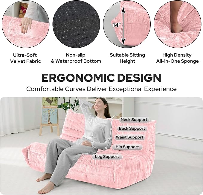 HABUTWAY Bean Bag Chair, Giant Bean Bag Chairs for Adults, Loveseat Fireside Chair, 2 Seater Lazy Bean Bag Sofa Memory Foam Couch for Living Room, Bedroom, Office (Pink)