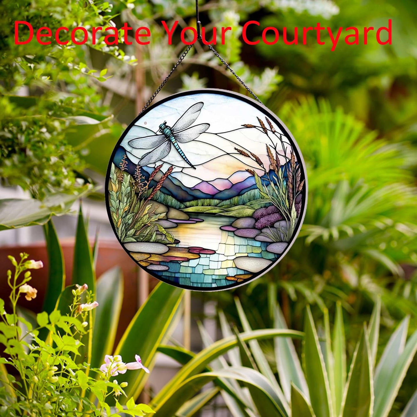 Payutou River and Dragonfly Pattern Suncatcher Stained Glass,Hanging Stained Glass for Windows,20cm/7.87inch Hand-Painted Sun Catcher Garden Hangings Painted Glass Panel Decor Themed Gift