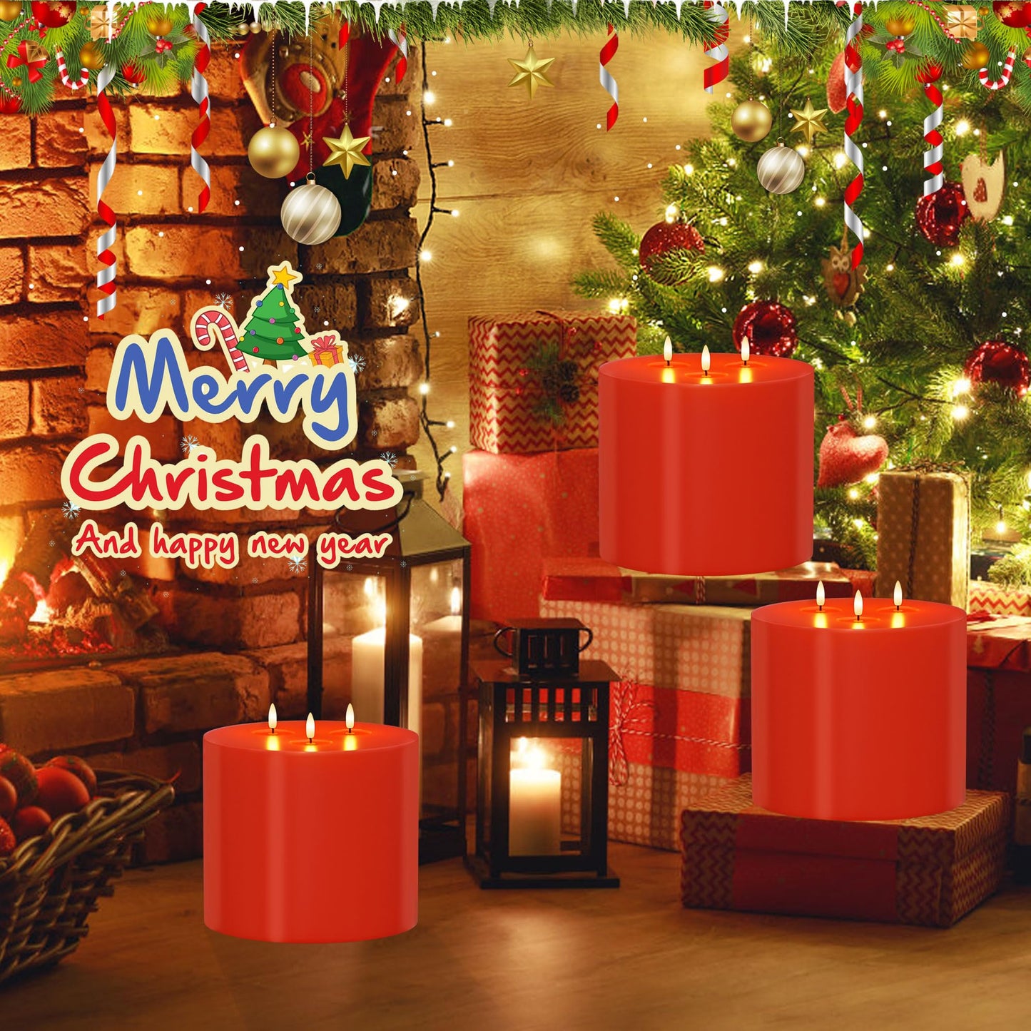 AFINETH Extra Large Red Flameless Candles with Remote, 6"x6" Real Wax Christmas LED Candles with 3 Wicks, Battery Operated Flickering Fake Candle for Xmas, Home, Party Decor