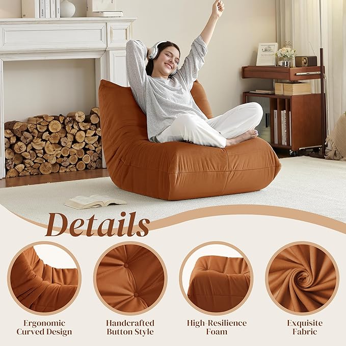 Bean Bag Chair, Fireside Chair Bean Bag Sofa for Adults, Bean Bag Chairs for Teens with High-Resilience Foam, Memory Foam & Non-Slip Base Bean Bag for Living Room, Bedroom, Office (Suede,Burnt Orange)