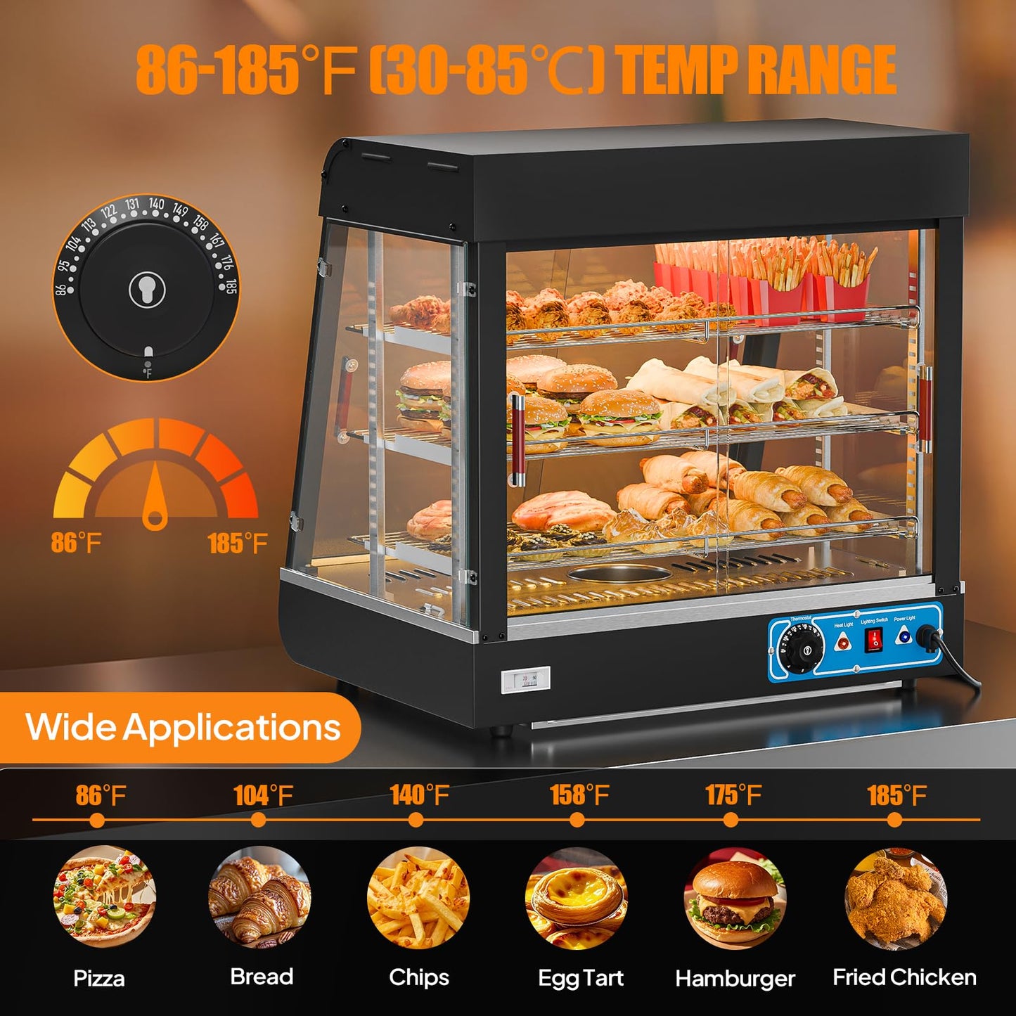 ROVSUN 26" Commercial Food Warmer Display Pizza Warmer, 3-Tier Electric Countertop Food Warmer w/LED Lighting, Adjustable Removable Shelves & Glass Door, Pretzel Warmer for Buffet Restaurant 1200W