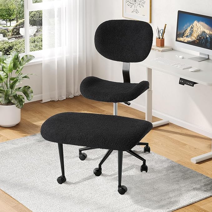 Cross Legged Office Chair with Wheels for ADHD, Ergonomic 360° Swivel Height-Adjustable Meditation Chair for Yoga, Wide Kneeling Chair with Strong Lumbar Support, Teddy Fabric, Black