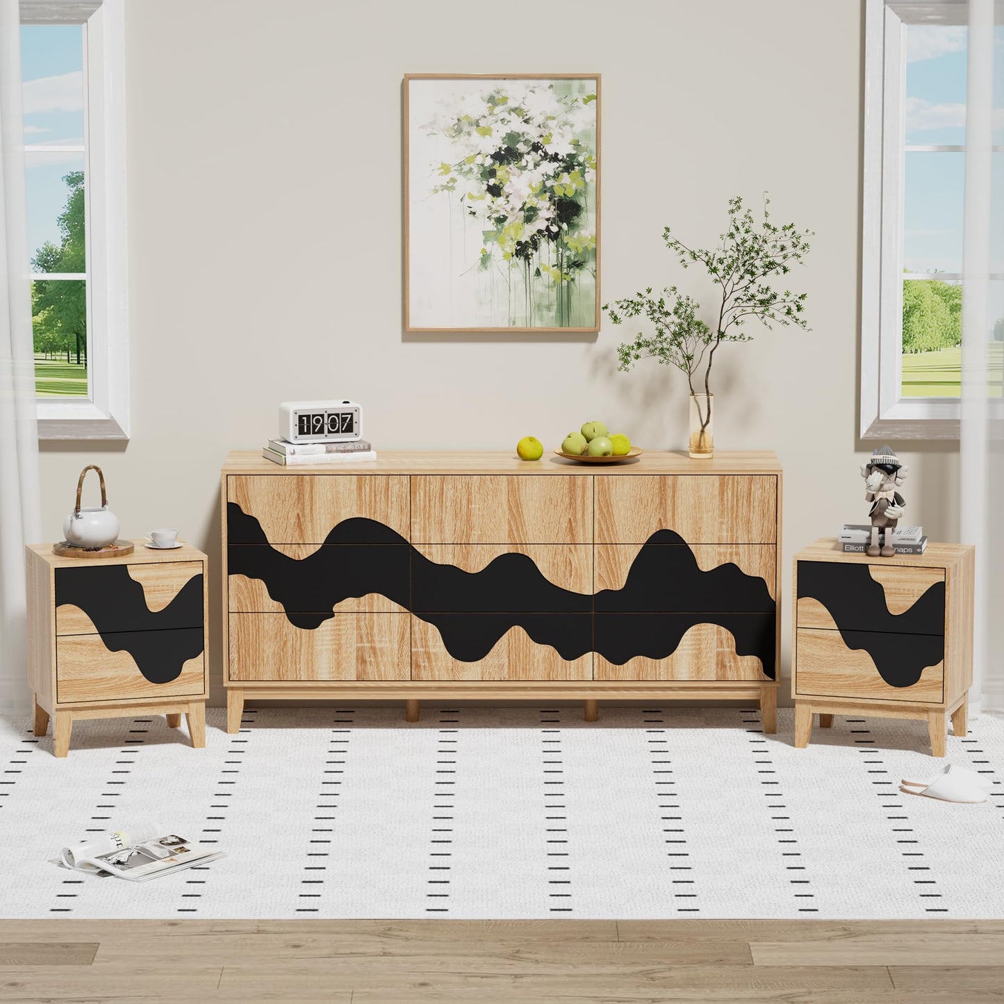 UEV 9-Drawer Dresser & 2 Nightstands Set - 3 Piece Modern Bedroom Furniture Set, 63" Wide Wooden Chest of Drawers with Flowing Water Pattern,2-Drawer Night Stands for Bedroom (Natural/Black