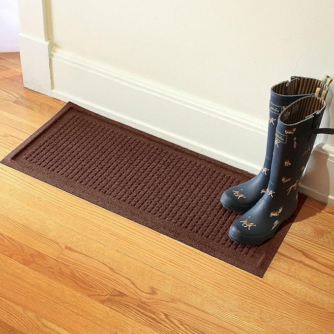 Bungalow Flooring Waterhog Indoor/Outdoor Boot Tray, 15 by 36 inches, Made in USA, Skid Resistant, Easy to Clean, Catches Water and Debris, Squares Pattern, Dark Brown