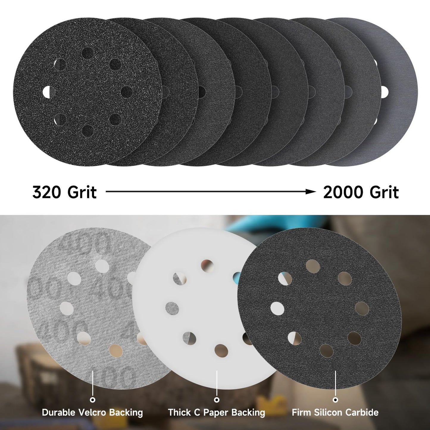 80PCS 5 inch Wet Dry Sanding Discs, Silicon Carbide Orbital Sander Hook and Loop Sandpaper 320 400 600 800 1000 1200 1500 2000 Grit, Best for Metal, Automotive Sanding